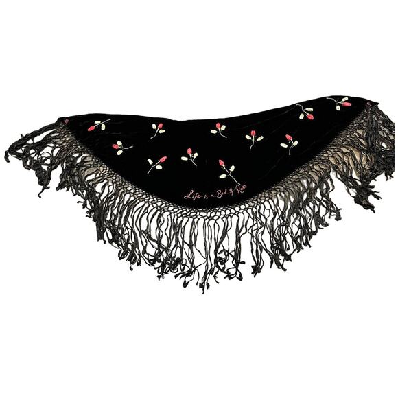 Women's Lulu Guiness Brand "Life is a Bed of Roses" Black Velvet Shawl, Wrap - Picture 1 of 10